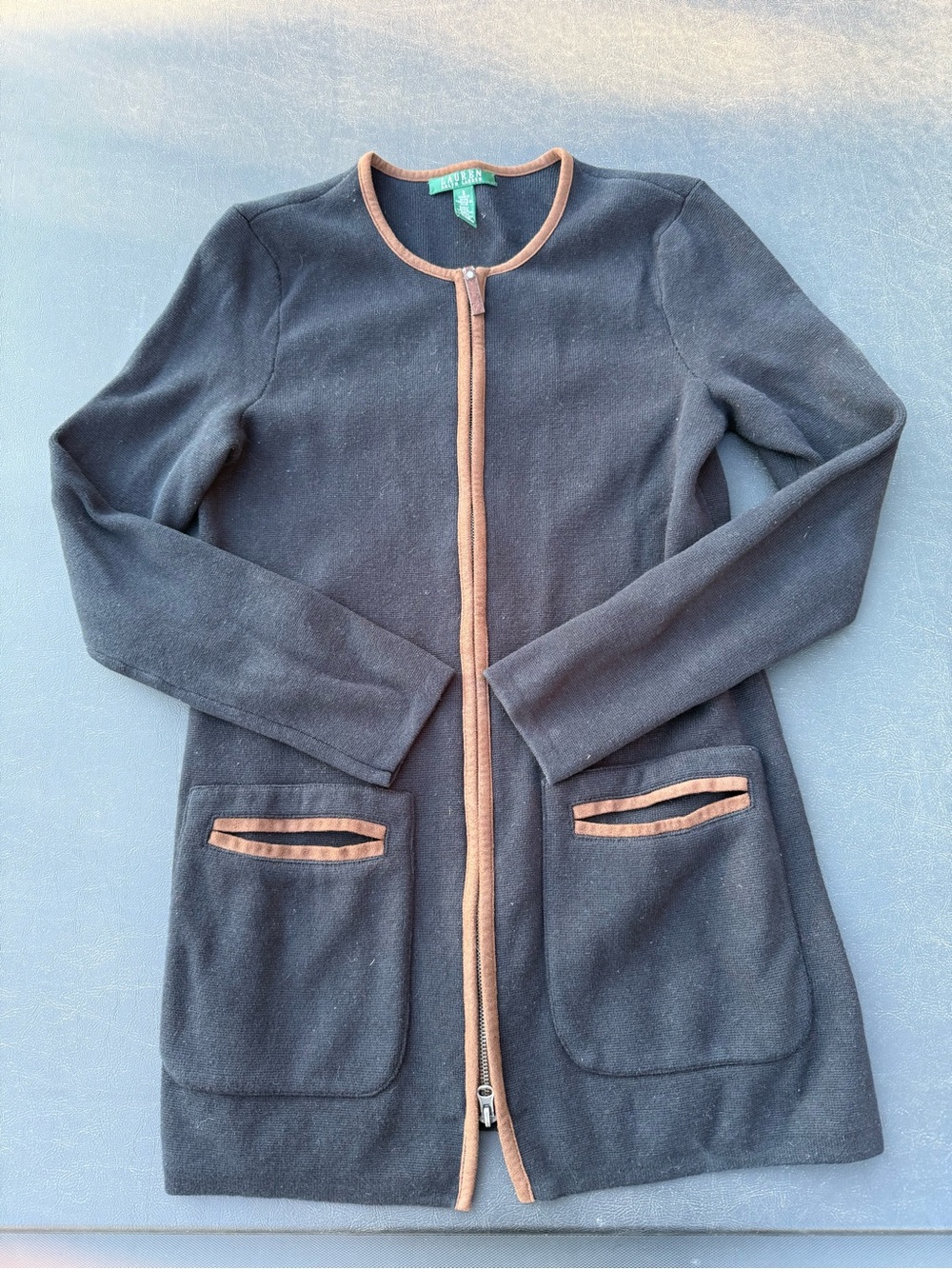 Lauren Ralph Lauren Full Zip Black Cotton Cardigan Sweater Faux Suede Trim S
